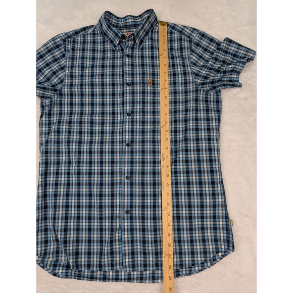 Fjallraven Shirt Men's M Blue Plaid Ovik Short‎ Sleeve Button Down Poly/Cotton - Picture 8 of 15